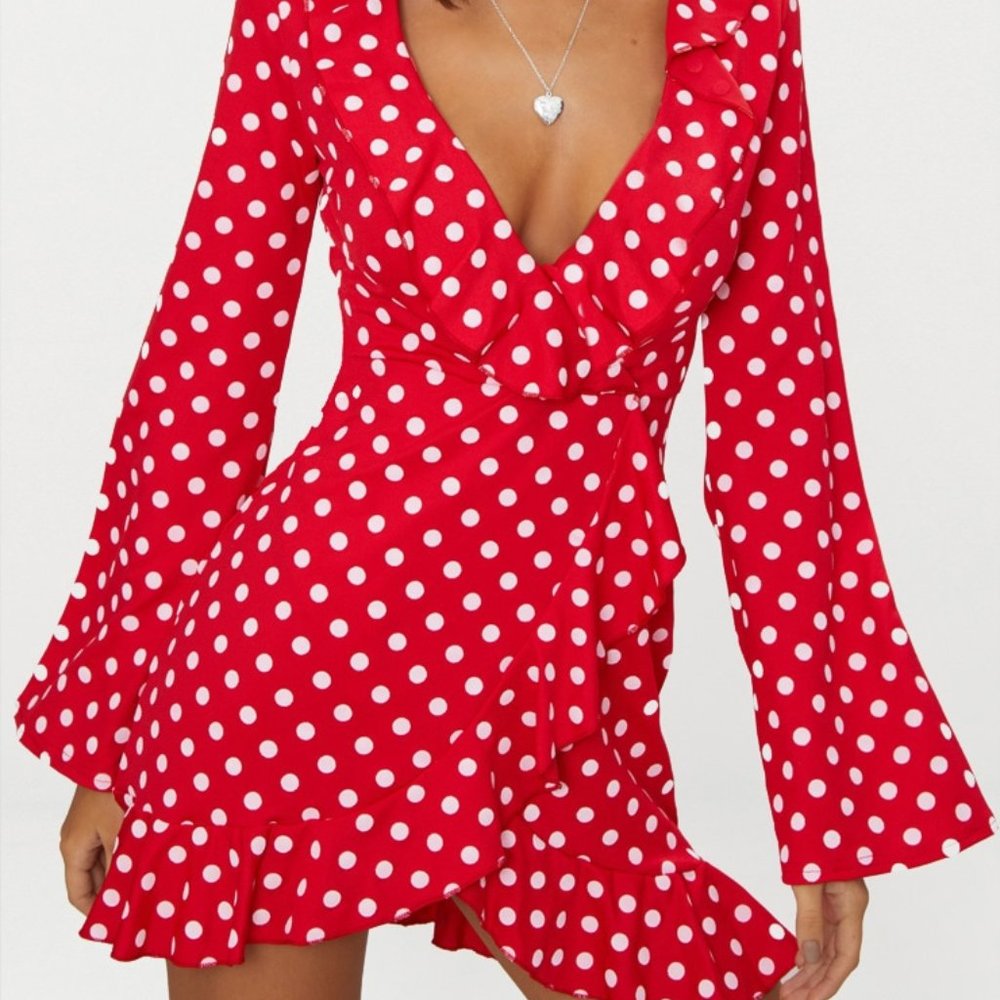 RED POLKA DOT FRILL DETAIL FLARE SLEEVE WRAP DRESS